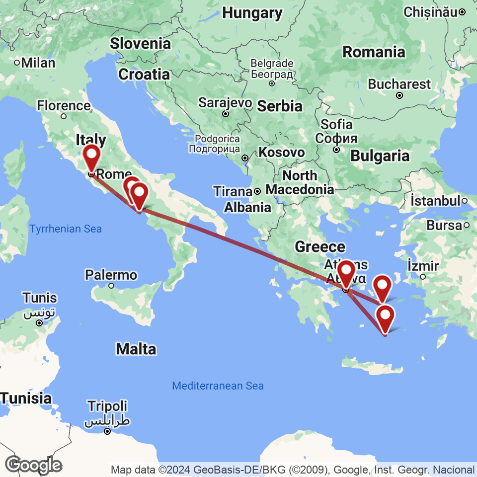 Route for Rome, Positano, Naples, Mykonos, Santorini, Athens tour